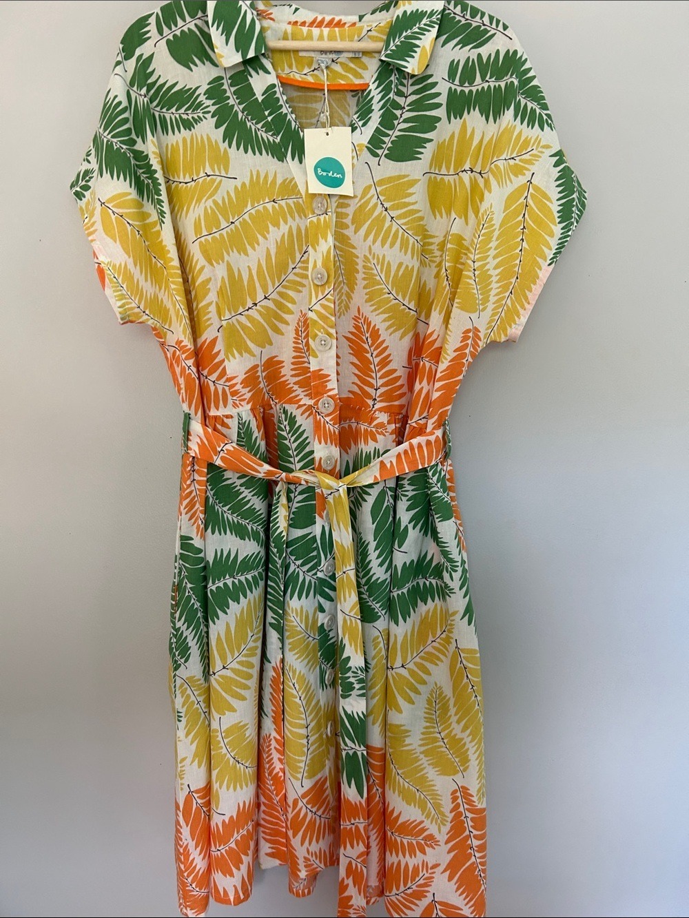 Boden Tropical Leaf Print Button-Front Dress 55% Linen 45% Cotton